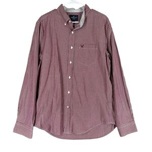 American Eagle Men’s L Large Maroon Striped‎ LS Button Shirt Office Academia